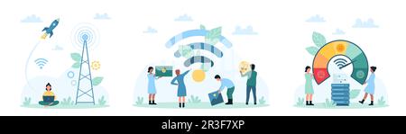 Abbildung: Vektor der WiFi-Einstellung. Zeichentrickfilme kleine Leute arbeiten mit schneller Verbindung, drahtlosem Internet in der kostenlosen öffentlichen Hotspot-Zone, Charaktere beschleunigen das Laden von Online-Daten mit einem Tachometer Stock Vektor