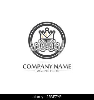 Logo mit Kingsize- und Queensize-Bett, Prinzessin, Kronenlogo Vorlage für Vektorsymbole Stock Vektor
