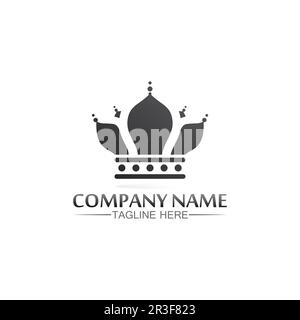 Logo mit Kingsize- und Queensize-Bett, Prinzessin, Kronenlogo Vorlage für Vektorsymbole Stock Vektor