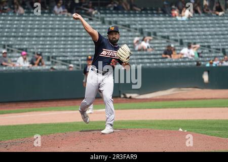 Salt Lake UT, USA. 21. Mai 2023. Rico Garcia (50) wirft mit Las Vegas Aviators und Salt Lake Bees im Smiths Field in Salt Lake Ut als erster beim Spiel. David Seelig/Cal Sport Medi. Kredit: csm/Alamy Live News Stockfoto