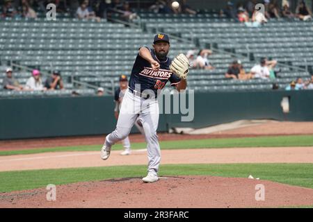 Salt Lake UT, USA. 21. Mai 2023. Rico Garcia (50) wirft mit Las Vegas Aviators und Salt Lake Bees im Smiths Field in Salt Lake Ut als erster beim Spiel. David Seelig/Cal Sport Medi. Kredit: csm/Alamy Live News Stockfoto