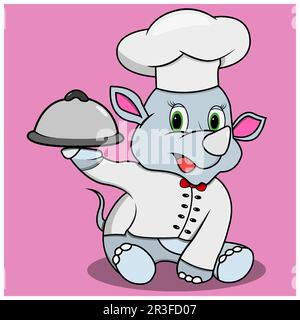 Rhinozeros mit der Figur „Chef Custom“, rosafarbener Hintergrund, Maskottchen, Symbol, Charakter oder Logo, Vektor und Illustration. Stock Vektor