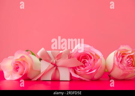 Geschenkbox mit Schleife, pinkfarbene Rosen auf pinkfarbenem Hintergrund. Grußkarte. Präsent für Frühlingsferien Kopierbereich für Text. Stockfoto