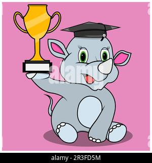 Rhinozeros bringen Trophäen und Mütze, rosafarbener Hintergrund, Maskottchen, Icon, Charakter oder Logo, Vektor und Illustration. Stock Vektor