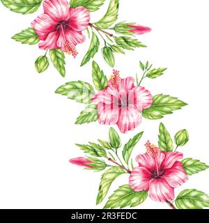 Aquarell roter Hibiskus verzweigt weißen Hintergrund. Isolierte Illustration für Designkarten, Einladungen, Hochzeitsbanner, Festivalprodukte Stockfoto