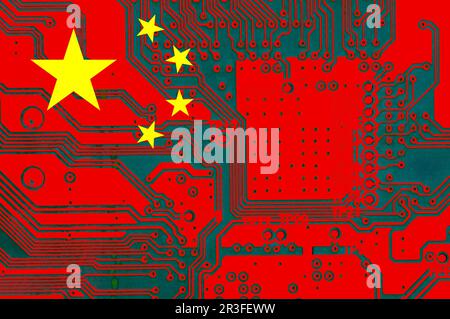 Chinesische Nationalflagge mit Grunge-Effekt auf PC-Platine Stockfoto