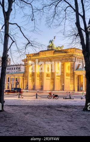 Das Brandenburger Tor in Berlin am frühen Morgen durch einige Bäume gesehen Stockfoto