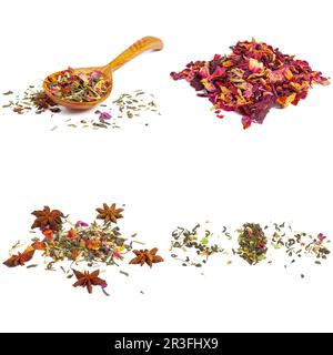 Sammlung von verschiedenen Tees isoliert auf weißem Stockfoto