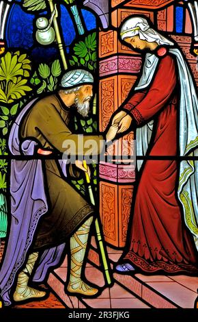 Corporal Acts of Mercy Fenster, Buntglas von Frederick Preedy, 1868, beherbergt die Obdachlosen, Gunthorpe, kirche, Norfolk, England Stockfoto