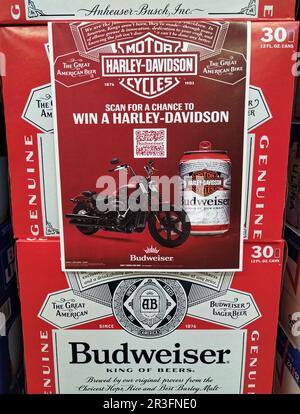 Eine Budweiser-Bierwerbung, die an einem Supermarkt hängt, wirbt für ein Harley-Davidson-Motorrad-Geschenk und zeigt eine limitierte Ausgabe von Harley Can am Dienstag, den 23. Mai 2023 in Owensboro, Daviess County, KY, USA. Die Partnerschaft zwischen den beiden legendären amerikanischen Marken erinnert an den 120. Jahrestag des Motorradherstellers, hat jedoch zu wachsender Wut unter einer Gruppe wütender Kritiker geführt, die im April einen Bud Light-Boykott forderten, nachdem Transgender-Social-Media-Influencer Dylan Mulvaney die Biermarke auf Instagram bewerbt hatte. (APEX MediaWire Foto von Billy Suratt) Stockfoto