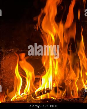 Feuerflammen und heiße Kohlen von verbranntem Holz im Kamin Stockfoto