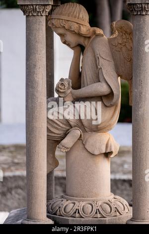 edicule mit denkender Engel in Erinnerung an Gabriel Bordoy, 1911, Friedhof Alaró, Mallorca, Balearen, Spanien. Stockfoto