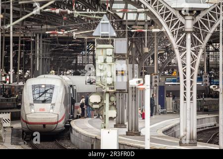 Bild des Hauptbahnhofs Köln Hbf in Köln, Deutschland, mit EINEM ICE 4 Hochgeschwindigkeitszug, der abfahrbereit ist. Köln Hauptbahnhof oder Kölner Zentrum Stockfoto