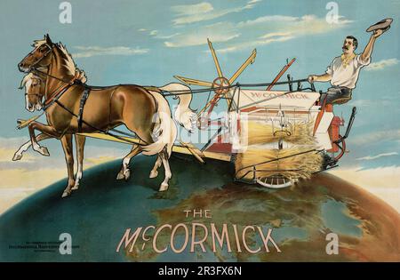 Vintage-Werbung für einen Landwirt, der landwirtschaftliche Maschinen für den Geschäftsbereich McCormick der International Harvester Company betreibt. Stockfoto