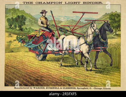 Vintage-Druck eines Landwirts, der mit einer leichten Mappe von Champion arbeitet. Stockfoto