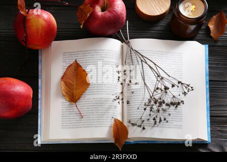 Buch mit getrockneter Blume, Blättern als Lesezeichen, reifen Äpfeln und Kerze auf Holztisch, Blick nach oben Stockfoto