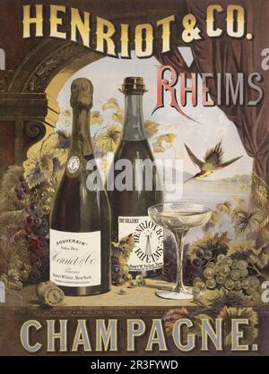 Oldtimer-Werbung für Henriot & Co Rheims Champagner mit einem Coupé-Glas und Champagnerflaschen auf einer Fensterbank. Stockfoto