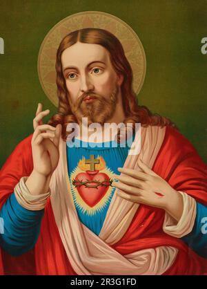 Halblanges Porträt von Jesus Christus mit Heiligenschein und Nagelwunde an der linken Hand sichtbar. Stockfoto