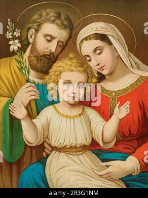 Halblängenporträt von Heiliger Maria und Heiliger Josef mit dem Baby Jesus Christus. Stockfoto