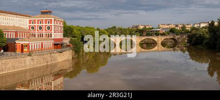 Casa de las Ciencias y puente de Piedra, Puente de San Juan de Ortega, 1884, Logroño, La Rioja , Spanien, Europa. Stockfoto