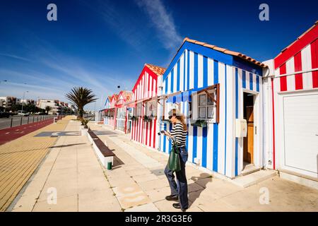 Casas de Colores, Costa Nova, Beira Litoral, Portugal, Europa. Stockfoto