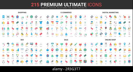 Shopping, digitale Marketingkampagne Farbsymbole bilden die Vektordarstellung. Abstrakte Symbole für E-Commerce-Strategie, Online-Shop, SEO-Service für den Vertrieb einfaches Design für Mobil- und Web-Apps Stock Vektor