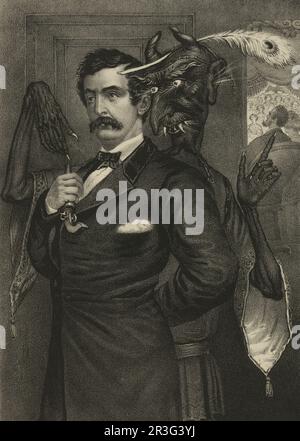 Klassische allegorische Illustration zeigt Satan, der John Wilkes Booth dazu verführt, Präsident Abraham Lincoln zu ermorden. Stockfoto