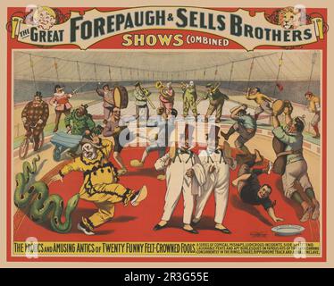 Vintage-Zirkusposter für Adam Forepaugh & Sells Brothers, das die amüsanten Geschichten von Clowns zeigt. Stockfoto