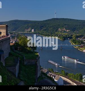 Blick auf den Rhein von der Festung Ehrenbreitstein, Koblenz, Rheinland-Pfalz, Deutschland, Europa Stockfoto