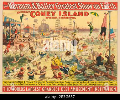 Vintage Barnum & Bailey Zirkusposter, auf dem Menschen in Kostümen am Strand auftreten, ca. 1898. Stockfoto