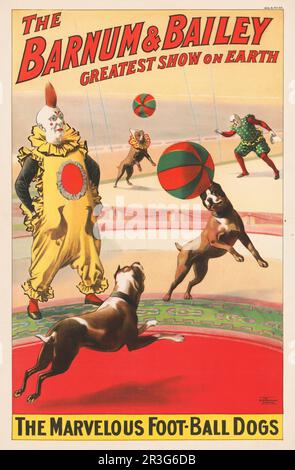 Vintage Barnum & Bailey Circus Poster mit Clowns und darstellenden Hunden, ca. 1900. Stockfoto