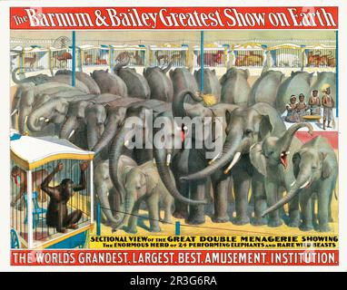 Vintage Barnum & Bailey Circus Poster, auf dem Elefanten und Tiere in Käfigen gezeigt werden, ca. 1895. Stockfoto