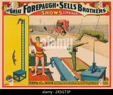 Das alte Adam Forepaugh und Sells Brothers Circus Poster zeigt einen Jongleur und Schlangenmenschen, die um 1899 Schauspieler spielen. Stockfoto