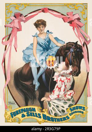 Vintage Forepaugh & Sells Brothers Circus Poster, auf dem Clowns einer Frau auf dem Pferderücken, etwa 1899, Blumen überreichen. Stockfoto