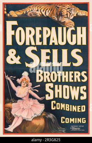 Vintage Forepaugh & Sells Brothers Zirkus Poster, auf dem Tiger und Frau zu Pferd gezeigt werden, ca. 1899. Stockfoto