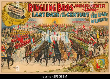 Das klassische Zirkusposter der Ringling Brothers zeigt eine große Parade mit Männern in Uniformen zu Pferd, etwa 1899. Stockfoto