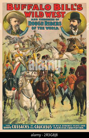 Vintage-Poster von Kosaken in der Schlacht zu Pferd, mit Porträts von Buffalo Bill und Nate Salsbury, um 1899. Stockfoto