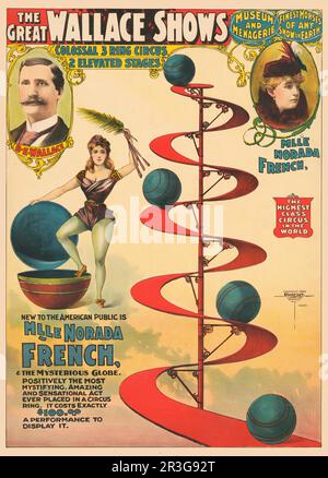 Vintage-Plakat, das für den großen Wallace-Zirkus wirbt, zeigt die Nummer von M'lle Norada French, um 1898. Stockfoto