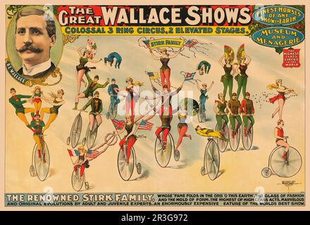 Vintage-Poster, auf dem der große Wallace im Zirkus geworben wird und auf dem die Stirk-Familie um 1898 herum Akrobatik auf Fahrrädern aufführt. Stockfoto