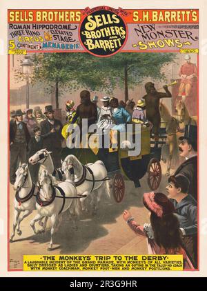 Vintage verkauft Brothers and Barrett Circus Poster, auf dem ein von Affen angetriebener Coach, etwa 1890, gezeigt wird. Stockfoto