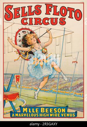 Vintage verkauft Floto-Zirkus-Poster, auf dem der Strickläufer M'lle Beeson mit einem Sonnenschirm tanzt, etwa 1921. Stockfoto