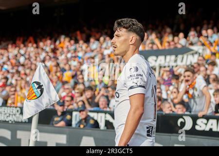 Valencia, Spanien. 21. Mai 2023. Andre Almeida von Valencia CF während des regulären Saisonspiels La Liga Santander zwischen Valencia CF und Real Madrid CF im Mestalla Stadion. (Endergebnisse; Valencia CF 1:0 Real Madrid CF). Kredit: SOPA Images Limited/Alamy Live News Stockfoto