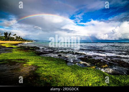 Regenbogen über dem beliebten Surfplatz Sunset Beach, Oahu, Hawaii Stockfoto