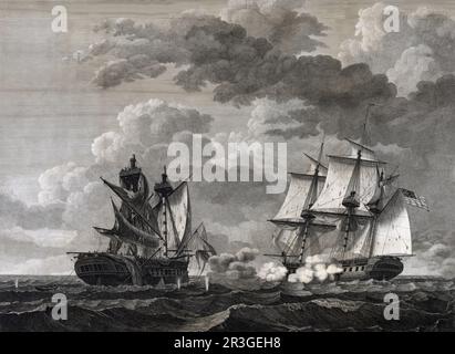 Die britische Fregatte HMS Macedonian wurde während des Krieges 1812 von der US-Fregatte USS USA beschossen. Stockfoto