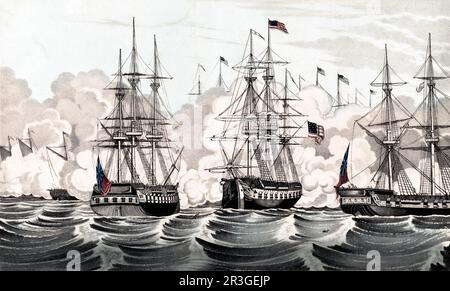 Ein amerikanisches Kriegsschiff zwischen zwei britischen Schiffen in der Schlacht von Lake Champlain im Krieg von 1812. Stockfoto