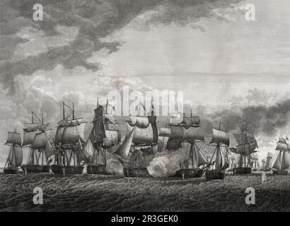 10. September 1813 - amerikanische und britische Schlachtschiffe auf dem Eriesee kämpfen. Stockfoto