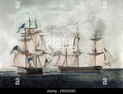 USS Chesapeake, auf der linken Seite, nähert sich HMS Shannon, während des Krieges von 1812. Stockfoto