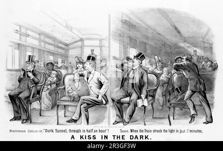 Ein Kuss im Dunkeln. Ein Paar küsst sich in einem Zug mit einer frechen Witzfigur, um die 1881. Stockfoto