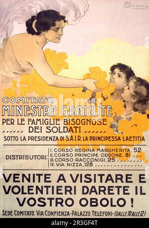 Italienisches Vintage-Plakat aus dem Jahr 1917, auf dem die Arbeit eines Unternehmens in Turin zur kostenlosen Versorgung der Familien der Soldaten geworben wird. Stockfoto