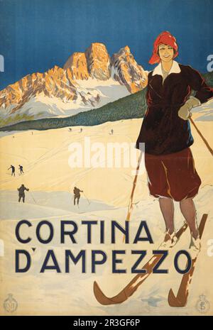 Ein altes Reiseposter mit einer Frau, die auf den Skipisten der Cortina d'Ampezzo um 1920 posierte. Stockfoto